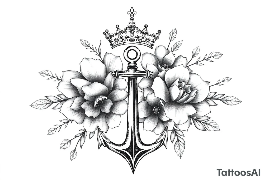 detailed beautiful gothic boho flowers with gorgeous crown and anchor tattoo idea