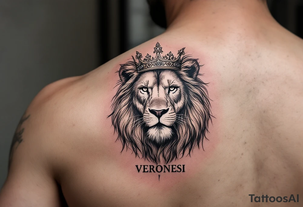 Realistic lion with crown and "VERONESI" name add on it tattoo idea