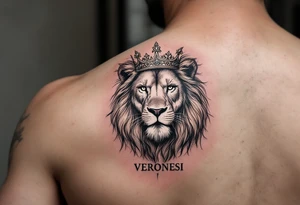 Realistic lion with crown and "VERONESI" name add on it tattoo idea