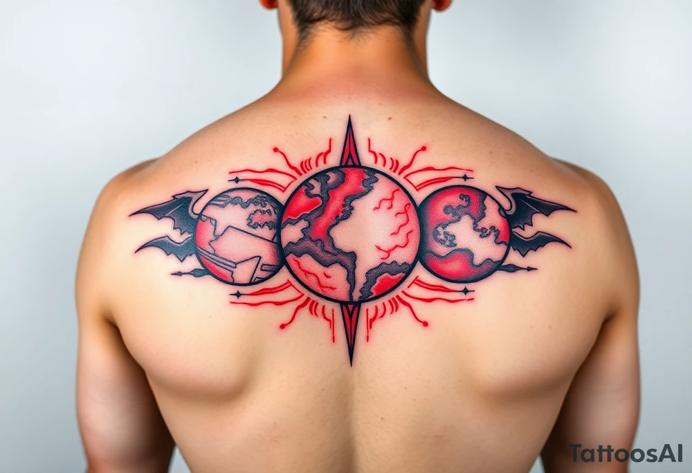 3 planet horizontal. Color Black and red tattoo idea