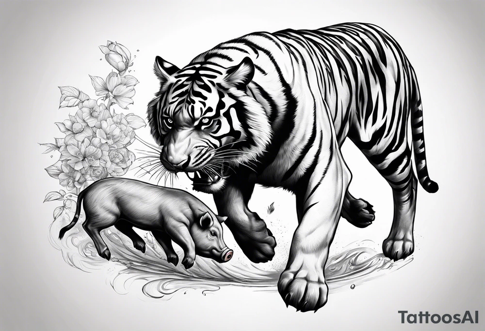 Big tiger kicking a pig tattoo idea