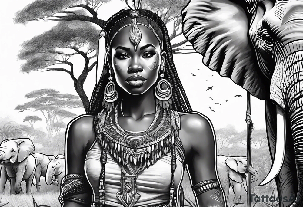 African woman warrior holding spear with earrings. Tribe marks on her face and trees,brids and elephants in the background tattoo idea