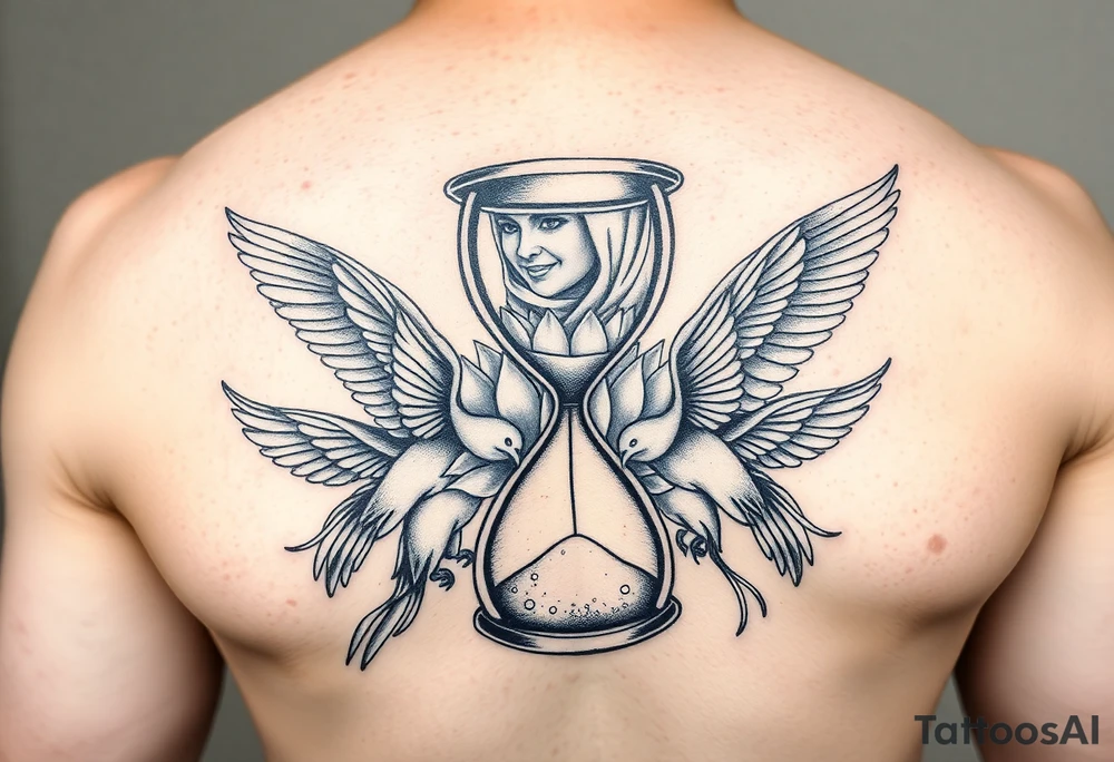 Broken hour glass that turns into birds with a lotus flower and woman with hijab in background tattoo idea