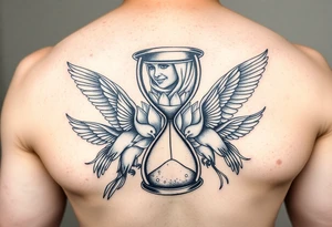 Broken hour glass that turns into birds with a lotus flower and woman with hijab in background tattoo idea