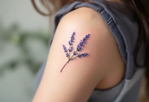 A single delicate lavender sprig in soft purple and green, with fine watercolor shading for a natural, airy look. tattoo idea