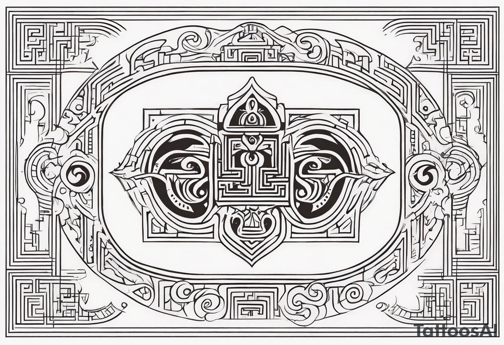 Labyrinth with symbols of bells and masquerade tattoo idea