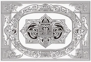 Labyrinth with symbols of bells and masquerade tattoo idea