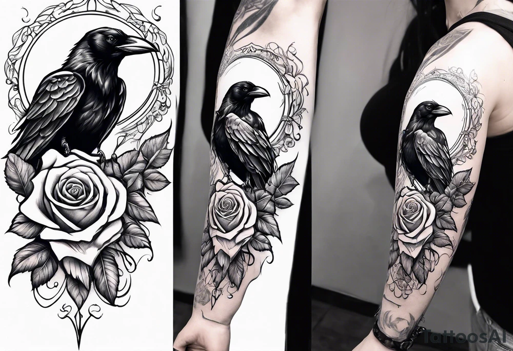 Raven holding  rose  forarm  placement tattoo idea