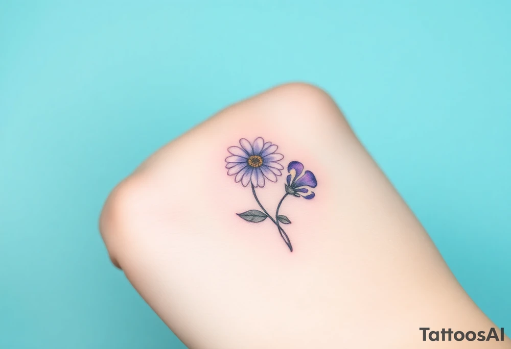 Design a very small (max 2x2 cm) tattoo for the inner wrist that subtly symbolizes lesbian identity. It should be minimal and delicate — possibly fine line or soft color. The design must be discreet yet meaningful, not instantly recognizable as LGBTQ but with layered symbolism, something like the triangle upside down. Think of subtle elements like intertwined female symbols, abstract sapphic references, or a hidden double meaning through nature (e.g. flowers, moons, triangles). Avoid clichés or bold pride imagery. Keep it elegant, wearable, and intimate. Add a daisy and a violet tattoo idea