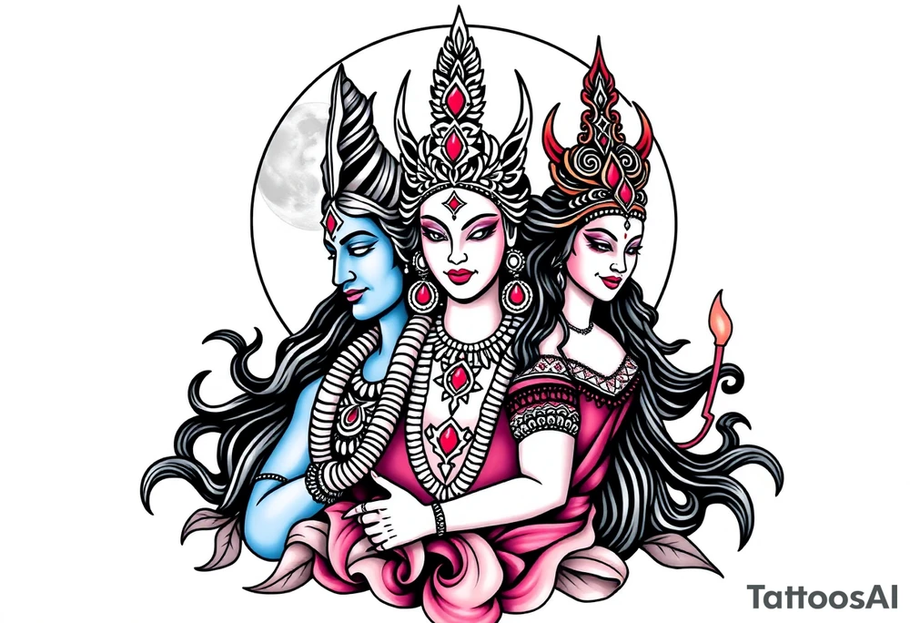 Lord Shiva, Godess Kali, Godess Lilith Together with the moon in the background tattoo idea