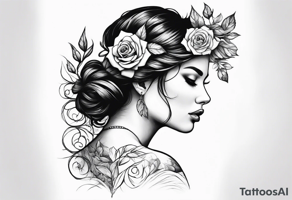 Mother natures face side profile with little hair in her face some roses and branches intertwined in her hair she’s holding a rose head. Black and white tattoo idea