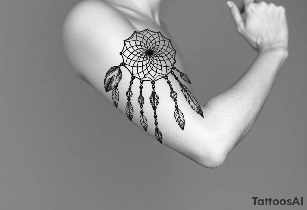 native dreamcatcher with flowing feathers and sacred beads tattoo idea