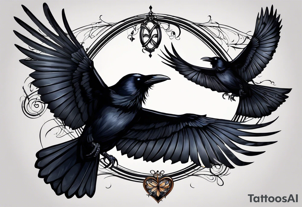 A raven and a butterfly flying together. 
The butterfly and the raven are the same size
In the background is the name Malia.
In the background is the name SKF.
The number 89 can be seen in the background.
There is also a scorpion in the wing of the butterfly. tattoo idea