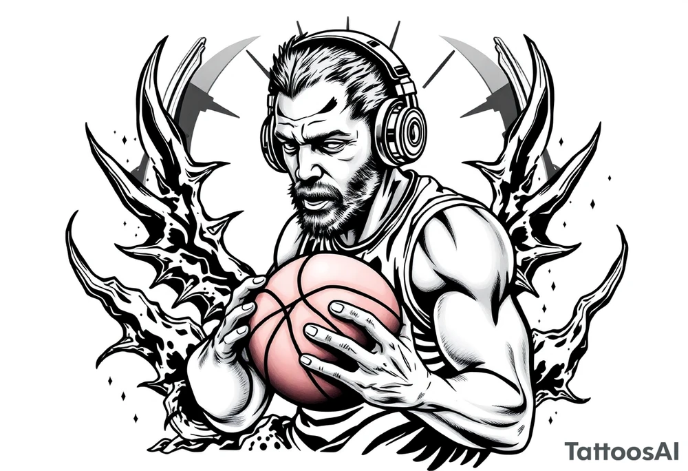 A guy dribbling a basketball with headphones on tattoo idea