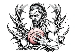 A guy dribbling a basketball with headphones on tattoo idea