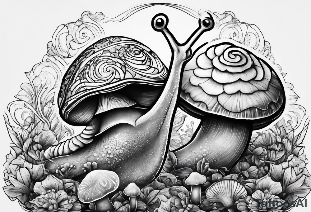 two opposite snails on mushrooms tattoo idea