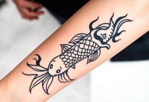 traditional koi fish swimming upstream through turbulent waves tattoo idea