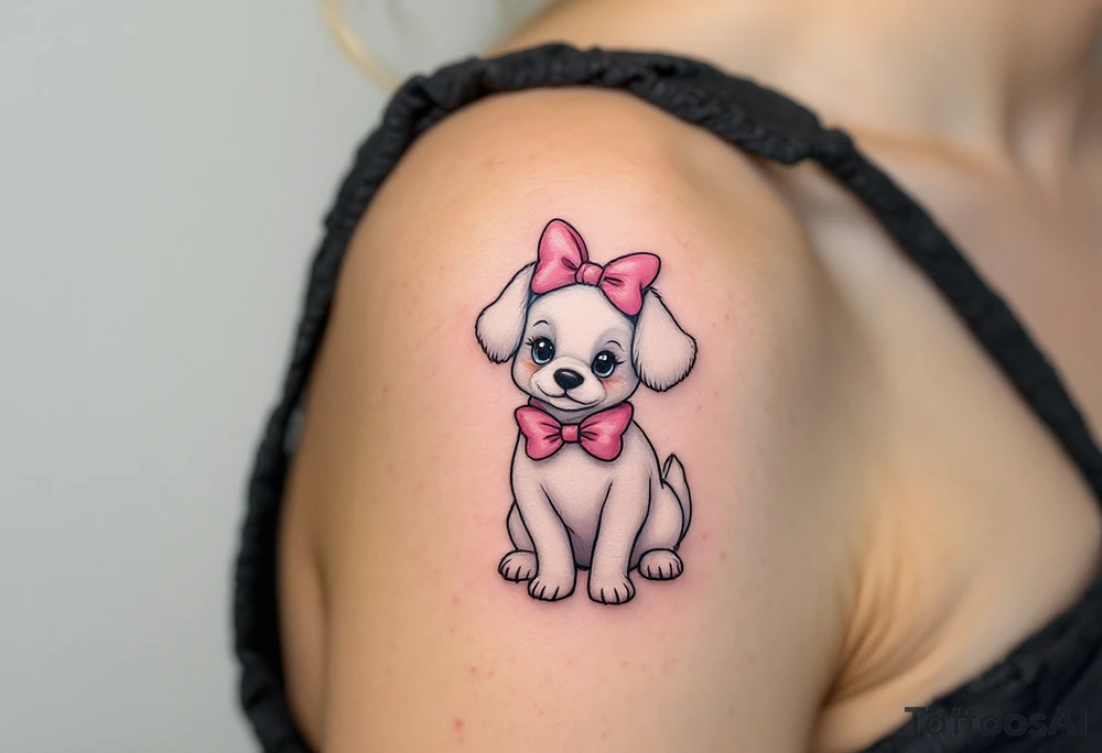 Classic Marie Portrait – A delicate tattoo of Marie sitting with her signature pink bow and collar, white fur perfectly groomed, with her head tilted playfully to the side. tattoo idea
