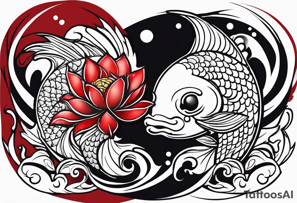 yin and yang coi fish red and black with waves and lotus flowers tattoo idea