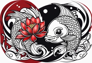 yin and yang coi fish red and black with waves and lotus flowers tattoo idea