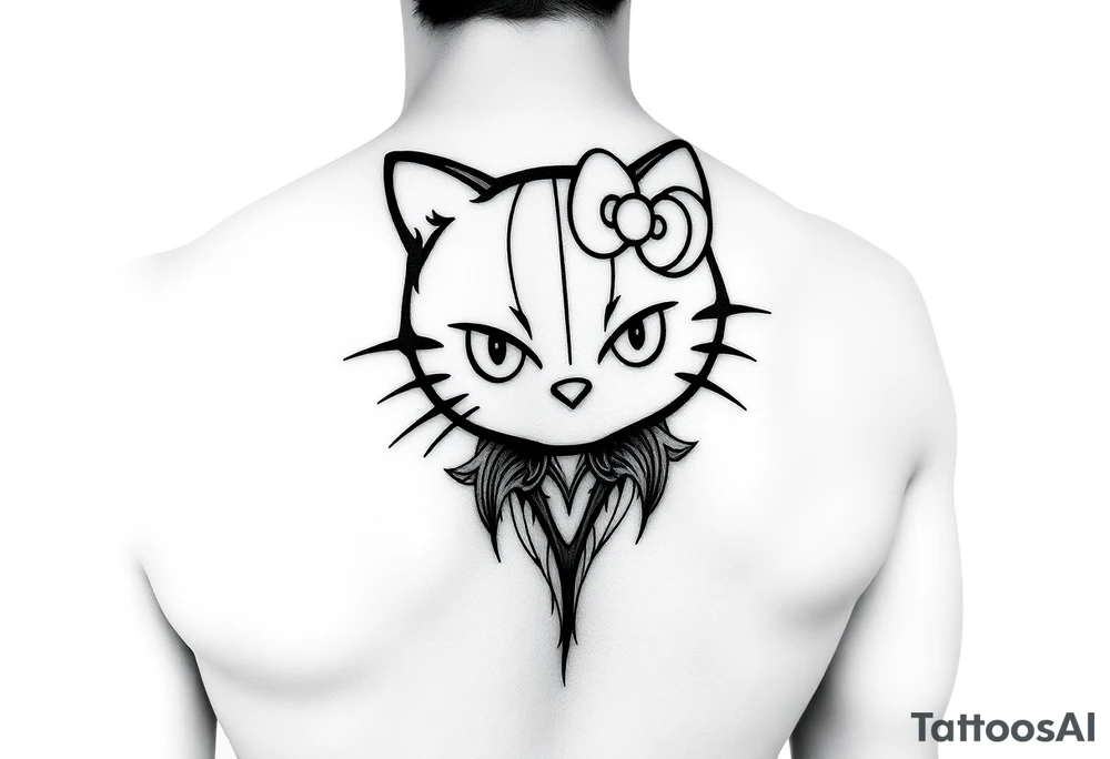 white background, cyber sigilism art / neo primal inspired hello kitty tattoo idea