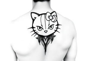 white background, cyber sigilism art / neo primal inspired hello kitty tattoo idea