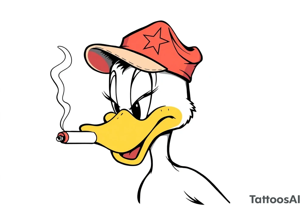 Daffy duck  smoking a rolled cigarette with a Vietnam veteran hat on and make his eyelids low and chill looking tattoo idea