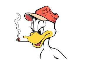 Daffy duck  smoking a rolled cigarette with a Vietnam veteran hat on and make his eyelids low and chill looking tattoo idea