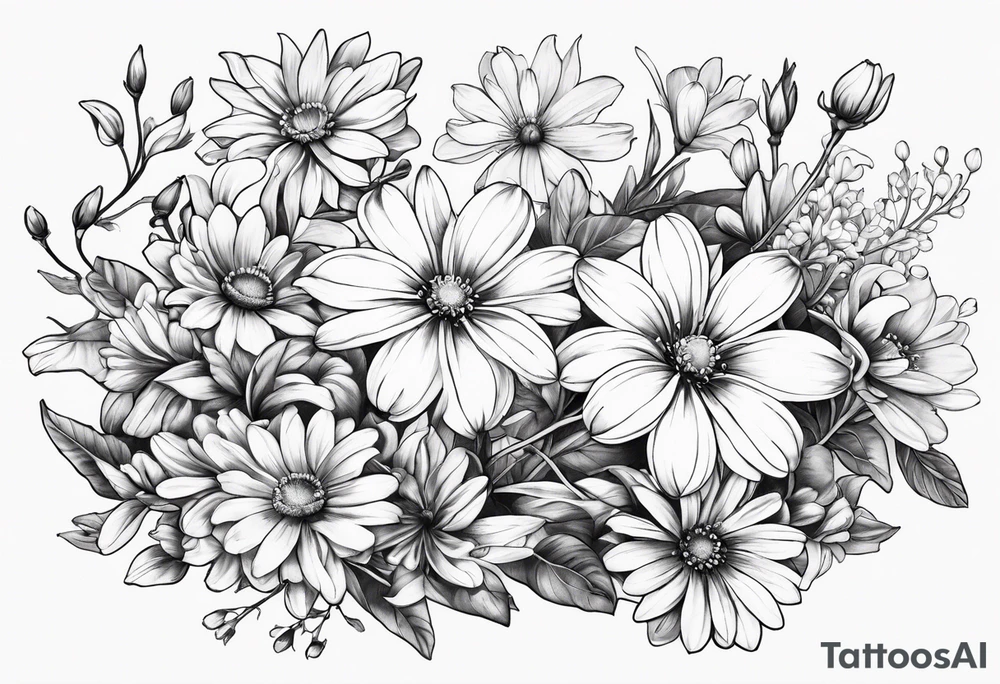 Honeysuckle,3 daisys,cosmos,and snowdrop sleeve tattoo tattoo idea