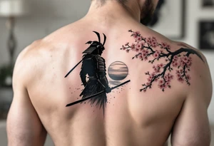 noble samurai warrior silhouette at sunset with cherry blossoms tattoo idea