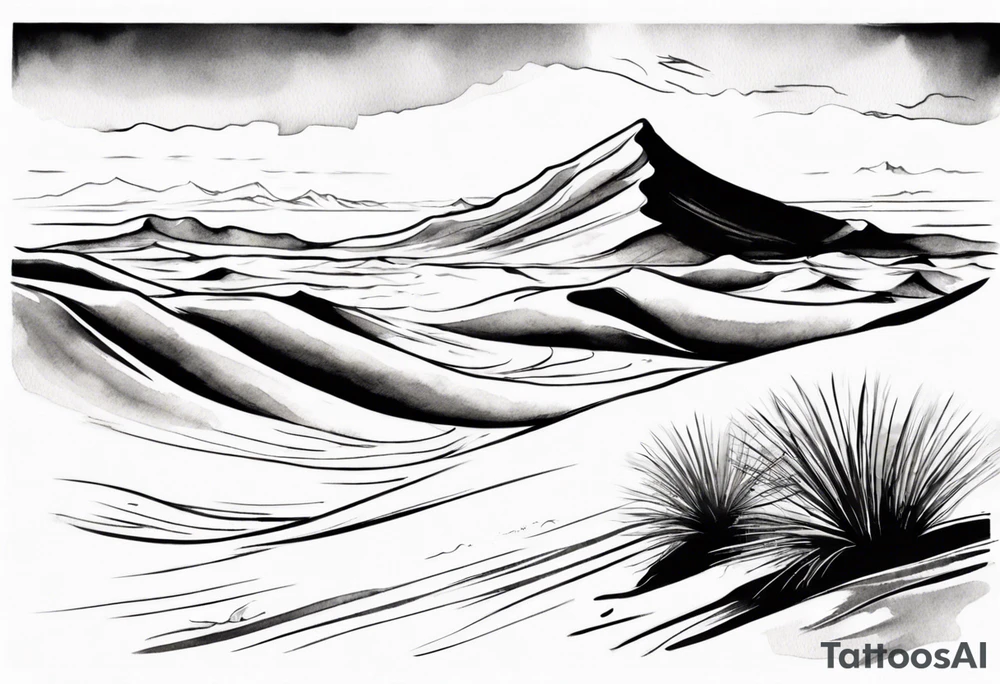 "Design a tattoo depicting a distant view of a vast desert landscape with low, undulating sand dunes. tattoo idea