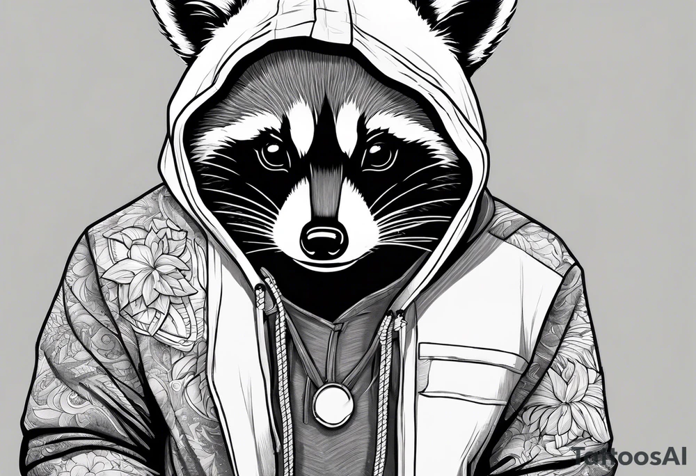 Raccoon wearing an orange Superman hoodie tattoo idea