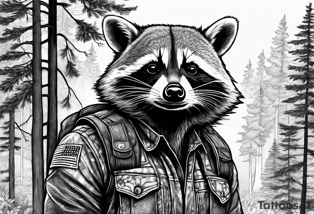 Powerful raccoon builder, in the Back a New Home Surrounded by woods tattoo idea