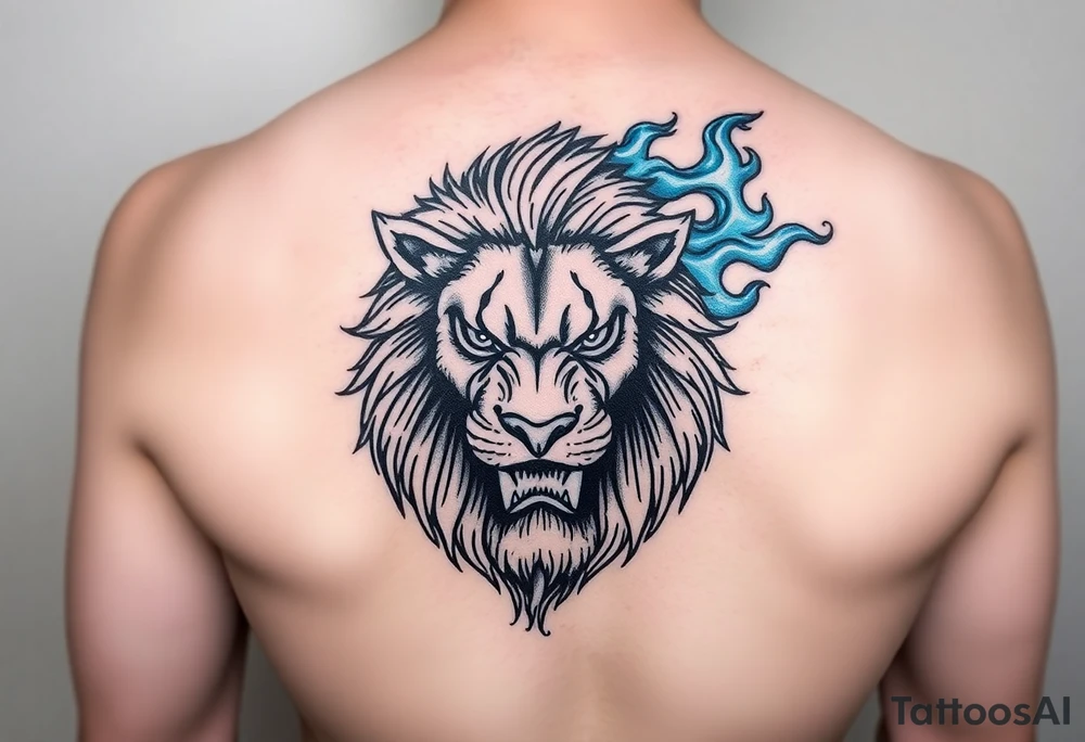Powerful, fierce stoic lions head, whose mane turns into blue flames that swirl up my arm with blue embers tattoo idea