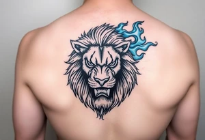 Powerful, fierce stoic lions head, whose mane turns into blue flames that swirl up my arm with blue embers tattoo idea