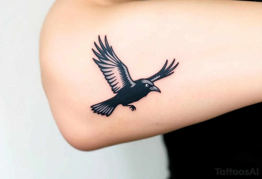 A minimalist raven in flight, with clean, sharp lines outlining the wings and body, using black ink for the raven and soft gray shading for the feathers to create depth. The raven’s eyes are highlighted with a subtle white dot for contrast. The background is left blank for a more elegant, clean look, symbolizing freedom, mystery, and transformation. tattoo idea