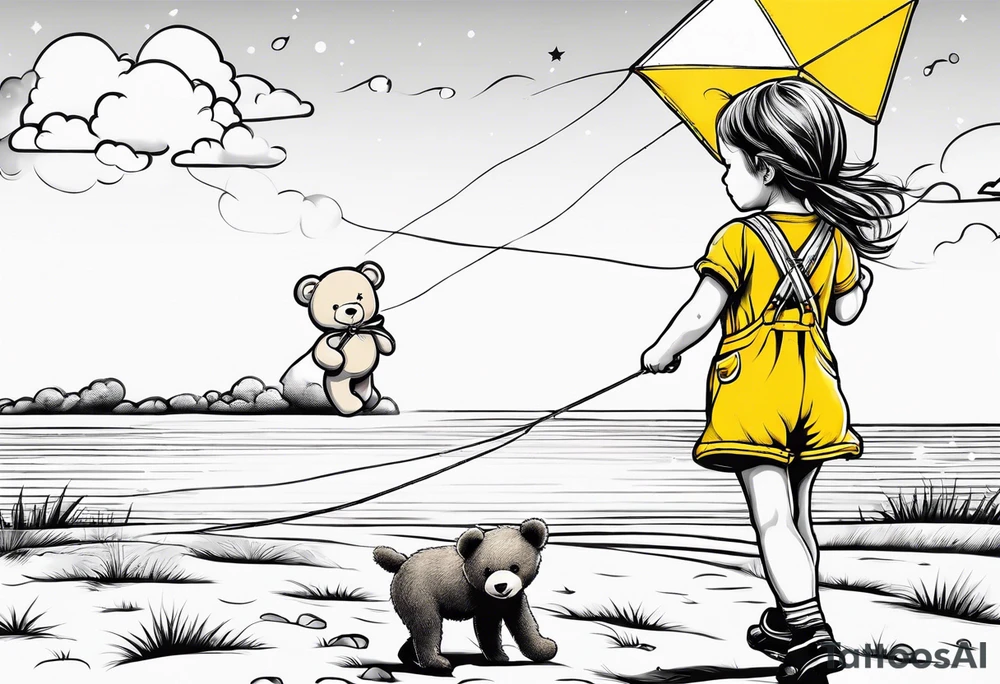 back image of a little girl flying a kite with a teddy bear in yellow overalls beside her tattoo idea