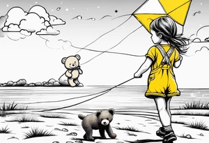 back image of a little girl flying a kite with a teddy bear in yellow overalls beside her tattoo idea