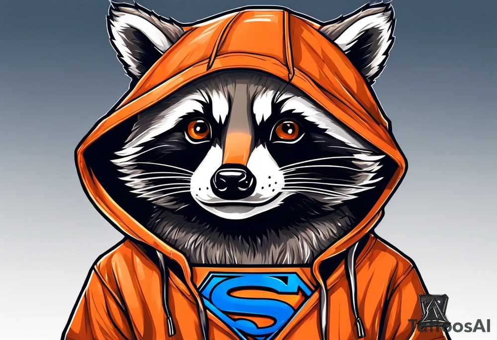 Raccoon wearing an orange Superman hoodie tattoo idea