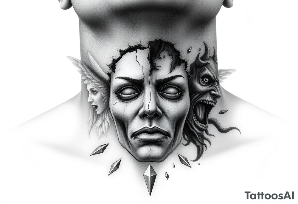 Realistic black and grey neck tattoo design. In the center of the throat, a human mask made of cracked stone or porcelain with natural facial features. The mask is breaking apart from the pressure of both sides — a screaming angel on the left and a screaming demon on the right. From the cracks on the angel’s side, soft white and blue light emerges; from the demon’s side, dark smoke and shadow flow out. The mask’s fragments slightly detach, revealing inner light and darkness mixing at the center. Highly detailed realism with strong contrast, fine shading, emotional and symbolic atmosphere, representing the true self shattered by the inner battle between good and evil. tattoo idea