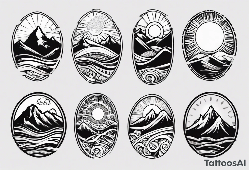 sleeve, mountains, waves, sun, trees tattoo idea