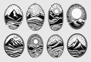 sleeve, mountains, waves, sun, trees tattoo idea