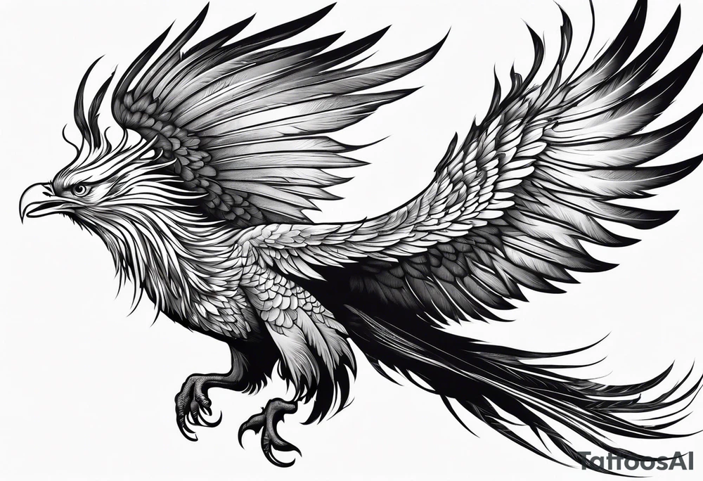 elegant long feathered phoenix
 in flight tattoo idea