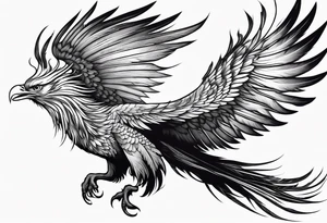 elegant long feathered phoenix
 in flight tattoo idea
