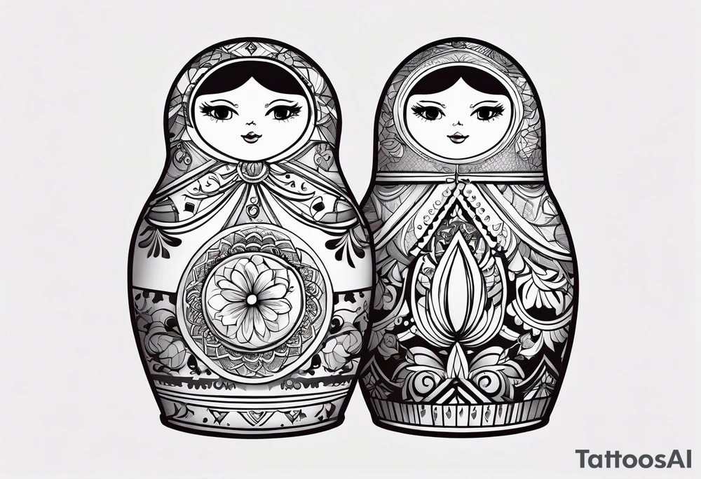 Matryoshka with geometric design,  with large pattern around it tattoo idea