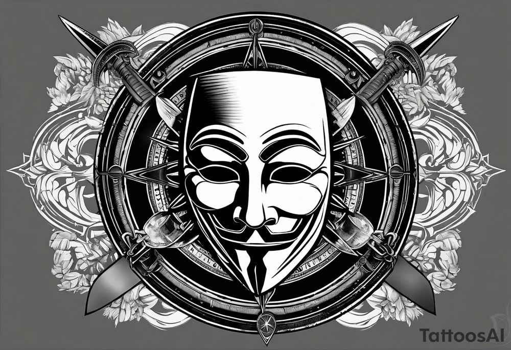 Centered v for vendetta, mask only. No hat.   Vintage compass surround. Crossing Swords tattoo idea