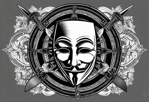 Centered v for vendetta, mask only. No hat.   Vintage compass surround. Crossing Swords tattoo idea