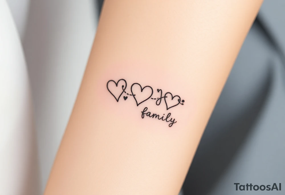 A minimalist infinity symbol with three hearts including word "family" tattoo idea