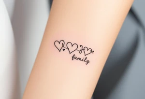 A minimalist infinity symbol with three hearts including word "family" tattoo idea