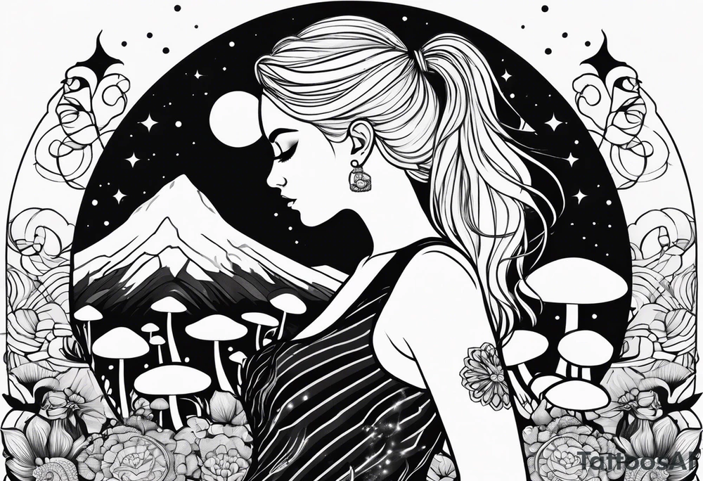 Straight blonde hair girl facing away toward mountains surrounded by mushrooms crescent moon mandala circular design black and white striped dress tattoo idea
